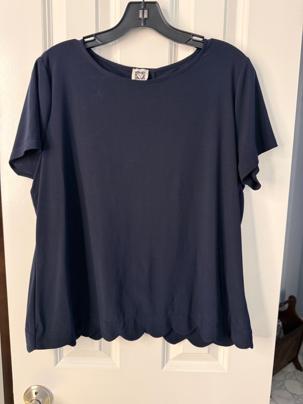 Anne Klein Navy Short Sleeve Top with Scallop Hem